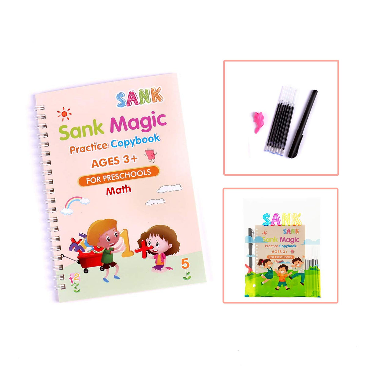 Sank Magic Practice Copybook,( 4Books+1 Pen+10 Refill), Magic Calligraphy Books For Kids Reusable Writing Tool