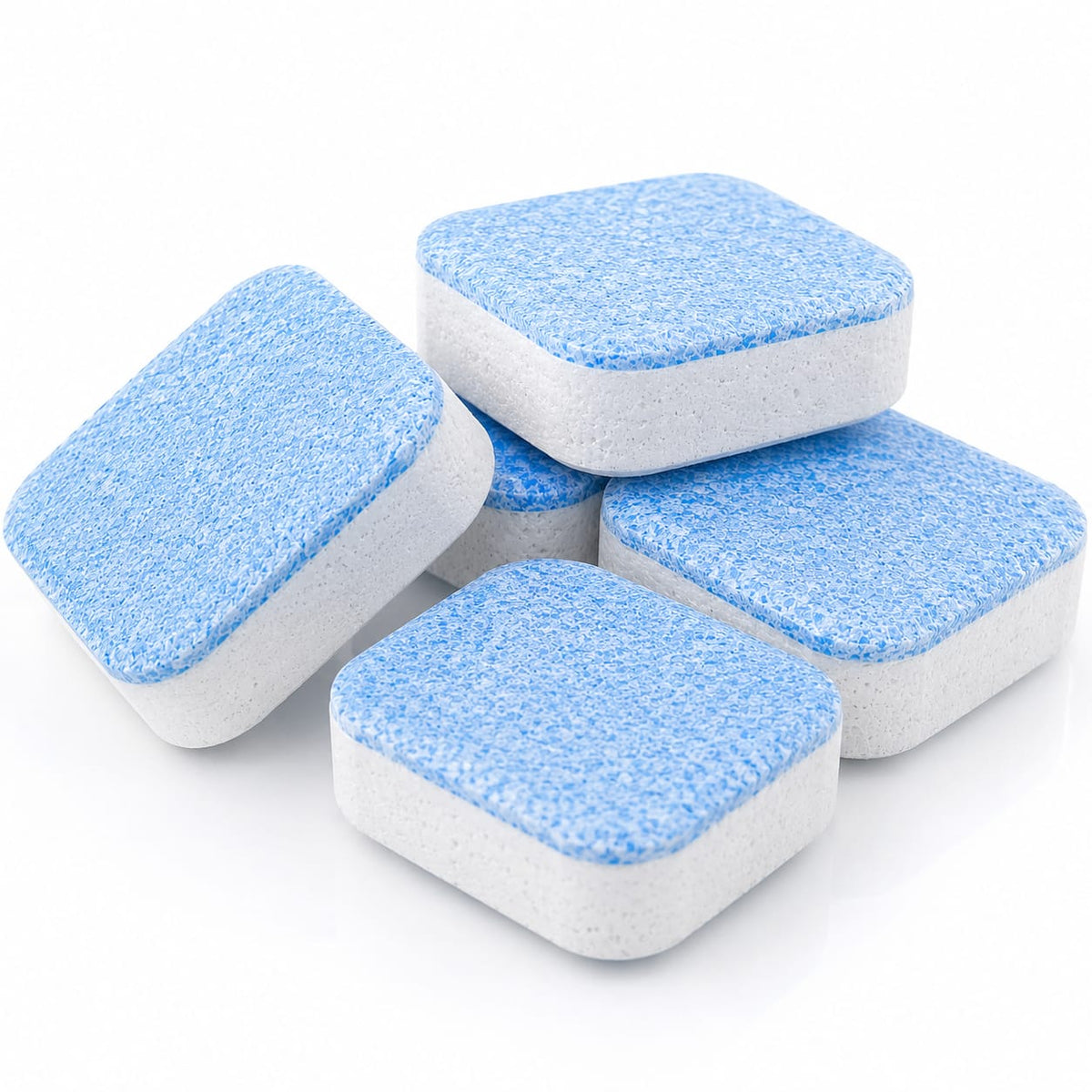 Four square blue and white scouring sponge blocks arranged together on a clean white background.