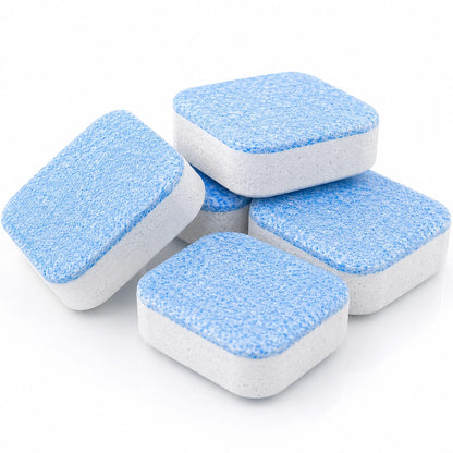 Four square blue and white scouring sponge blocks arranged together on a clean white background.
